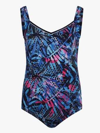 Mila X-chl Colourful Leaves Ladiesswimsuit V-neck Piping Chlorine Resistant Multicolour Navy